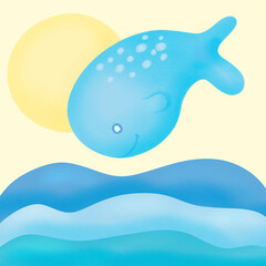 Walvis duikt de zee in tegen de achtergrond van de zon. Onderwater natuur en zeedieren. De potvis is een schepsel van de zeewereld. Сartoon kleurrijke illustratie