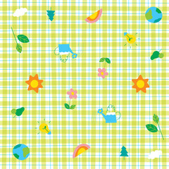 Cute Ornament Element Environment Sun, Cloud, Rainbow, Earth, Bulb, Leaf Branch, Tree, Pastel Green Gingham Pattern Editable Stroke. Cartoon Illustration, Mat, Fabric, Textile, Scarf, Wrapping Paper.