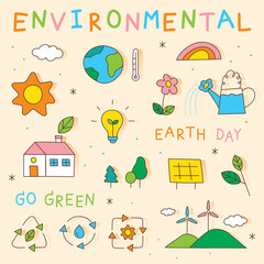 Environment Icon Set Cute Flat Outline Style Decoration Element Symbol Vector Illustration, sun, solar cell, earth, rainbow, flower, watering pot, renewable energy, greenhouse, tree, turbine, bulb.   © chamkrajang