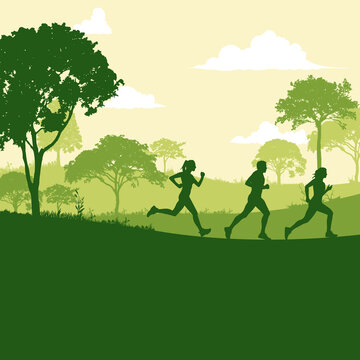 Runner marathon in the forest silhouette cartoon vector illustration