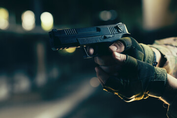 Airsoft player aiming with a replica pistol