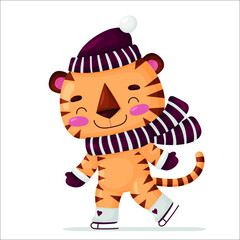 A tiger cub on skates on a white background. In a cartoon style.