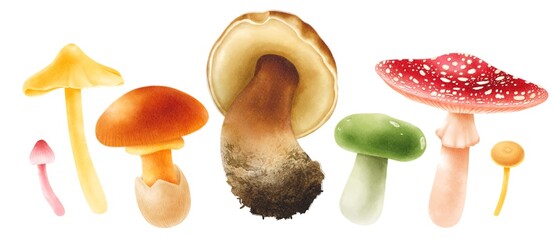 Fototapeta na wymiar Mushroom with autumn elements illustration watercolor style collection
