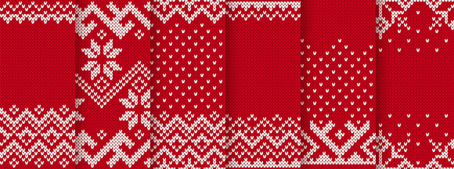 Christmas knit print. Seamless pattern. Vector. Set Red knitted sweater textures. Fair isle traditional geometric backgrounds. Holiday Xmas winter ornament. Festive crochet. Wool pullover illustration