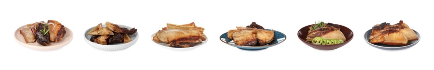 Set with tasty fried pork lard on white background. Banner design