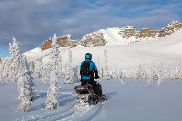 a snowmobiler travels through a snow-covered forest in the mountains against the background of beautiful rocks. the perfect photo for advertising snowmobile tourism. snowbike. snow motorcycle