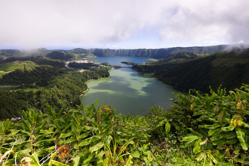 The green and blue lagoon, view from Miradouro da Vista do Rei, Sao Miguel island, Azores - obrazy, fototapety, plakaty