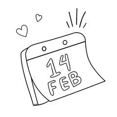 Holiday calendar with the inscription February 14. Calendar page, valentines day. Vector illustration in doodle style isolated on white background.