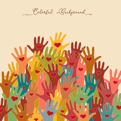 The background of the silhouette of multicolored hands with hearts in their palms, the concept of diversity, volunteering.