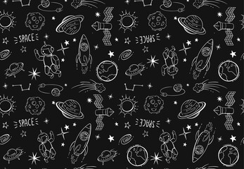 Seamless pattern with doodles cartoon set of space on black background.