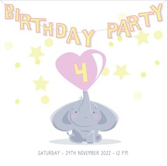 birthday party card for girl with cute elephant for four years old