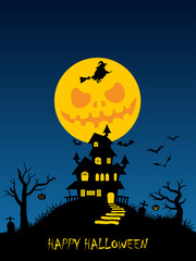 Holiday Halloween background. Black silhouettes of pumpkins, witch and haunted house on orange night sky background. Graveyard and broken trees. Vector illustration eps10.