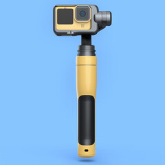 Photo and video lightweight yellow action camera with steadicam on blue