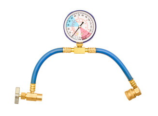 Pressure gauge and charging hose isolated on white