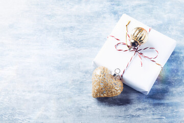 Simple Christmas decoration. Bright wooden background. Close up. Copy space.	