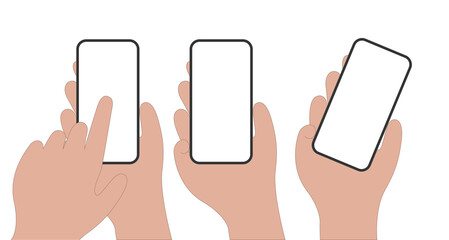 Obraz na płótnie Canvas Vector hands holding smartphones in 3 positions - touching the screen, vertical and angled