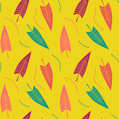 Fototapeta premium Bright yellow background with tropical leaves