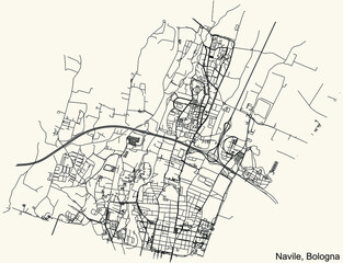 Detailed navigation urban street roads map on vintage beige background of the quarter Quartiere Navile district of the Italian regional capital city of Bologna, Italy