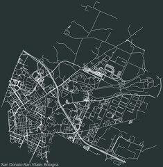 Detailed negative navigation urban street roads map on dark gray background of the quarter Quartiere San Donato-San Vitale district of the Italian regional capital city of Bologna, Italy