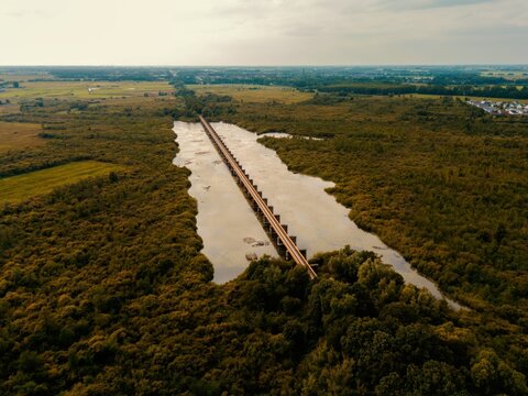 Aerial drone view of the historical Moerputten bridge in the Netherlands