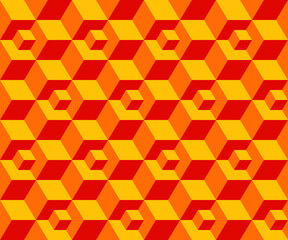 Fototapeta na wymiar Abstract background seamless geometric pattern. Cube shape, diamond shape. Yellow orange red color. Surface design for apparel, textile, tile, cover, poster, flyer, banner, wall. Vector illustration.