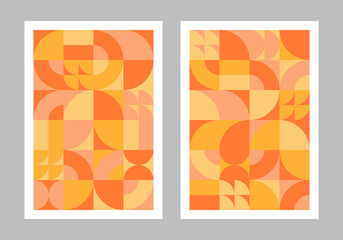 Abstract geometric pattern background. Bauhaus style art. Circle, semicircle, square shapes. Orange and yellow color tone. Design for print, cover, poster, flyer, banner, wall. Vector illustration.
