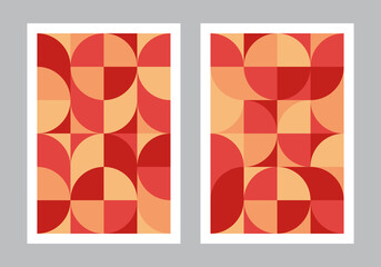 Abstract geometric pattern background. Bauhaus style art. Circle, semicircle, square shapes. Red and orange color tone. Design for print, cover, poster, flyer, banner, wall. Vector illustration.
