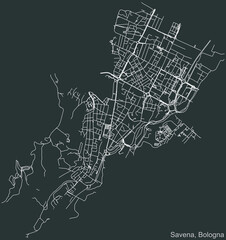 Detailed negative navigation urban street roads map on dark gray background of the quarter Quartiere Savena district of the Italian regional capital city of Bologna, Italy