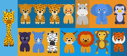 Large set of cute animals such as cheetah, leopard, jaguar, lynx, tiger, lion, elephant, hippo, rhino, giraffe, puma, panther, zebra, penguin and monkey.
