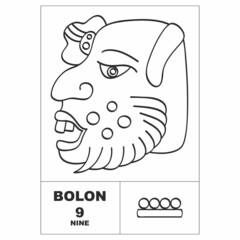 Vector icon with Mayan numerals. Mayan head glyph Bolon and maya symbol number nine
