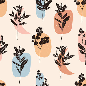Branches with Leaves and Berries. Abstract modern elegant floral drawing. Hand drawn trendy Vector illustration. Square seamless Pattern. Poster, wallpaper, background template. Pastel colors