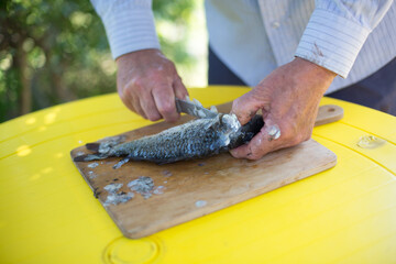 man's hands are cleaning from scales and cutting with knife a fresh fish on the table