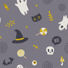 Cute doodle halloween pattern with circle. Seamless texture for textile, fabric, apparel, wrapping, paper, stationery.