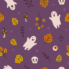 Cute autumn doodle halloween pattern with ghost and leaves. Seamless texture for textile, fabric, apparel, wrapping, paper, stationery.