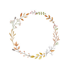 Floral watercolor autumn circle frame. Wreath for design, lettering, card, fabric, wedding invitation.