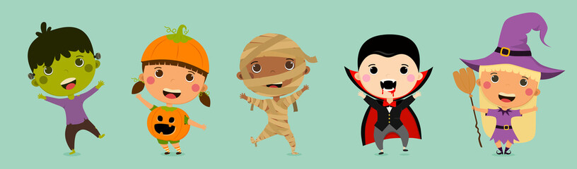 Set of Halloween Costume kids for trick or treat festival. Children dress up for Halloween Day . Vector Illustration elements for advertisement , card , banner or poster . 