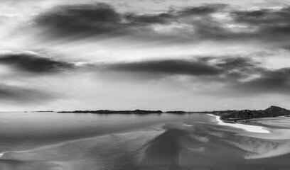 Aerial black and white panoramic view of Whitehaven Beach from drone, Queensland