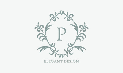 Exquisite design of an elegant monogram with the letter P in the center in gray. Logo for boutiques, cafes, bars, restaurants, invitations. Business style and brand of the company