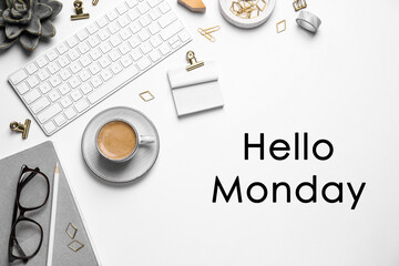 Hello Monday, start your week with good mood. Flat lay composition with keyboard and coffee on white background
