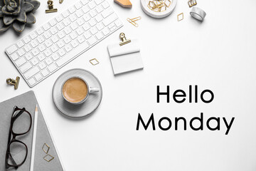Hello Monday, start your week with good mood. Flat lay composition with keyboard and coffee on white background © New Africa