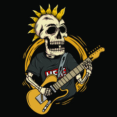 Punk skull cartoon cute illustration playing guitar