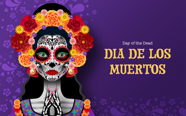Day of the dead, Dia de los muertos, sugar skull with marigold flowers wreath on paper black color Background. - obrazy, fototapety, plakaty