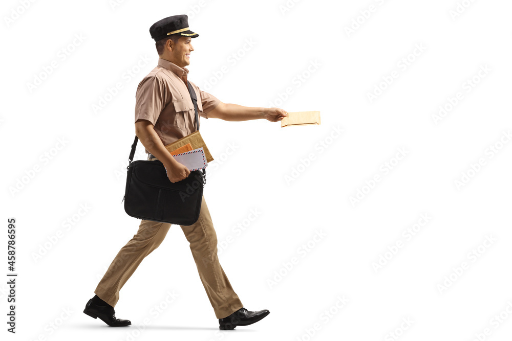 Sticker Full length profile shot of a mailman walking and delivering a letter