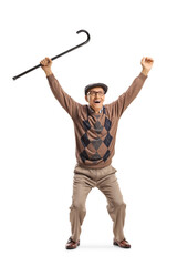 Full length portrait of a happy elderly man lifting a cane up