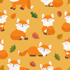 Cute foxes seamless pattern design. Background pattern with wild animal fox in different poses and oak aspen leaves. Fox character for paper, fabric, textile. Vector fox illustration in autumn colors.