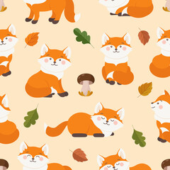 Cute fox seamless pattern design. Background pattern with wild animal fox in different poses, mushrooms and oak aspen leaves. Fox character for paper, fabric, textile. Vector fox illustration.