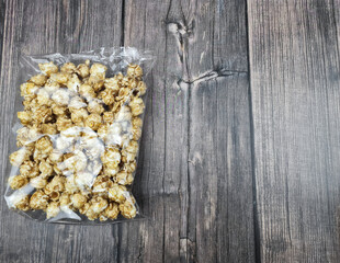 The Fresh hot natural popcorn close-up. Fresh caramel corn.