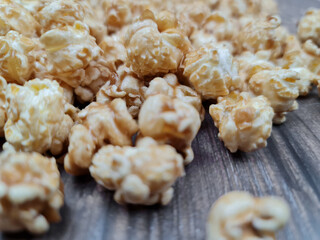 The Fresh hot natural popcorn close-up. Fresh caramel corn.