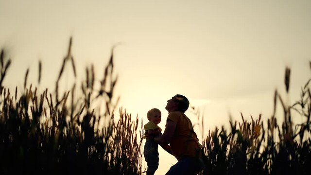 Happy family. Father tosses his son up. Family in wheat field. Father throws his baby son at sunset. Happy family concept. Father holds baby son in his arms and throws him into sky in wheat field.