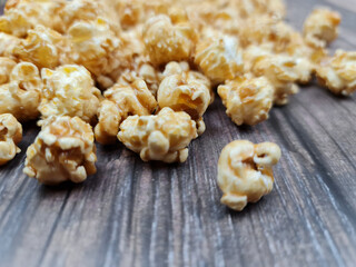 The Fresh hot natural popcorn close-up. Fresh caramel corn.